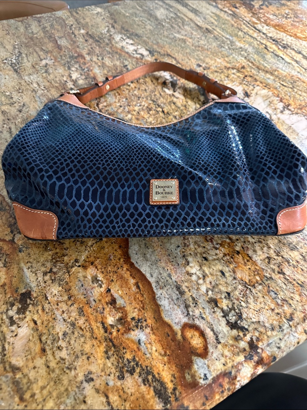 Dooney & Bourke Navy Snake-Embossed Shoulder Bag with Brown Trim